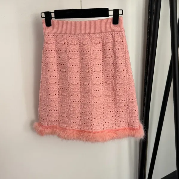 Pink Knit Skirt with Feather Trim and Buttoned Pockets - 9