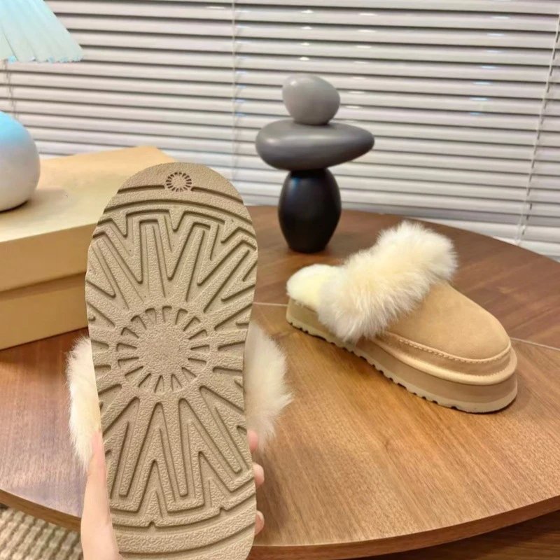 UGG Fluff Platform Slippers Beige Faux Fur Slippers - 29