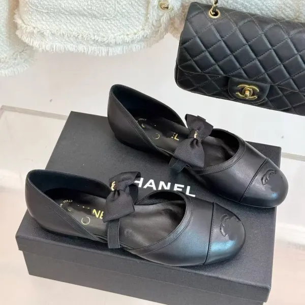 Chanel Ballerina Flats Beige and Black Two-Tone with Chain Bow - 14