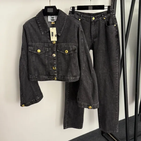 Saint Tears Cropped Denim Jacket and Wide-Leg Jeans Set Black - 4
