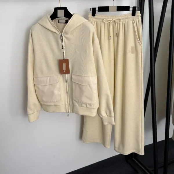 Design Cream Ribbed Hoodie and Wide-Leg Sweatpants Set - 5