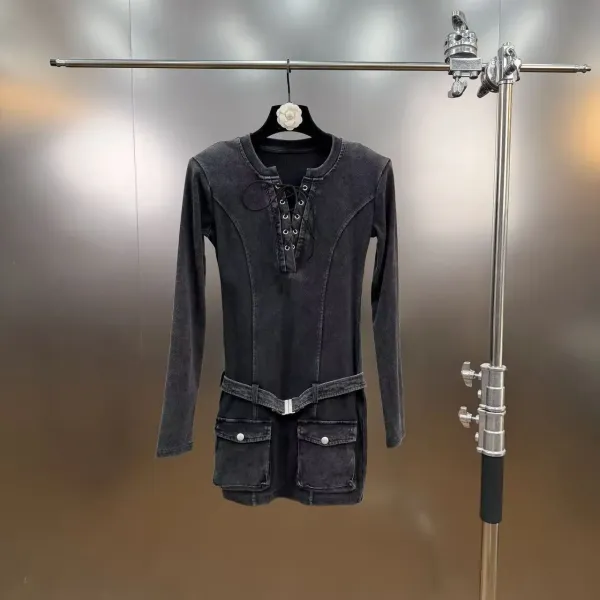 Gallery Dept. Lace-Up Denim Mini Dress Beige and Black - 4