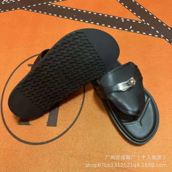 Hermès Oran Slide White and Black Leather Sandals - 10