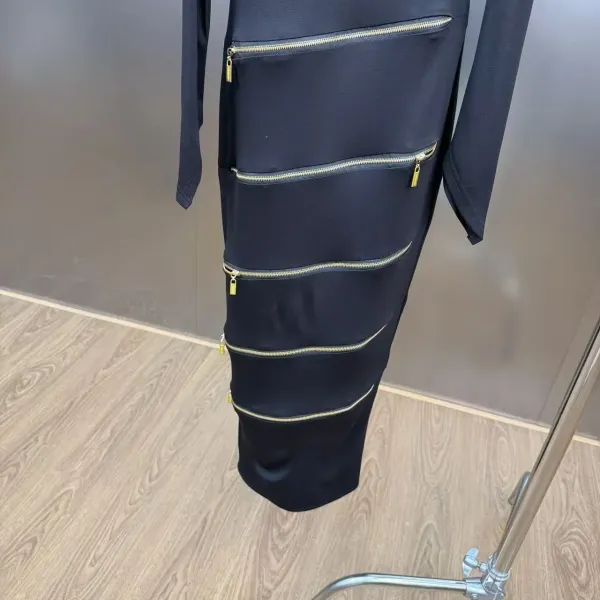 Zip-Panel Mock Neck Midi Dress in Black, White, and Brown - 7