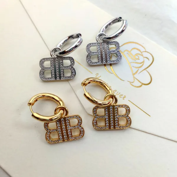 Balenciaga BB Logo Pave Hoop Earrings Silver - 5