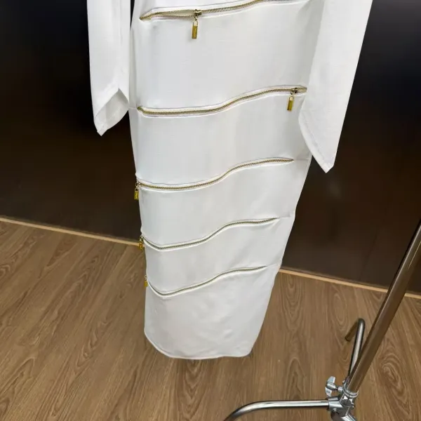 Zip-Panel Mock Neck Midi Dress in Black, White, and Brown - 21