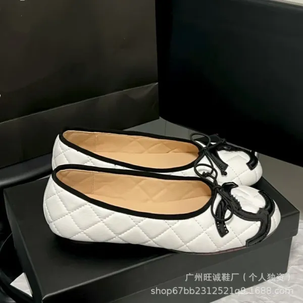 Chanel Ballerina Flats White Quilted Leather with Black Bow Detail - 11