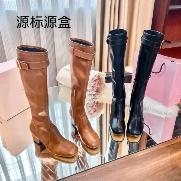 Prada Square-Toe Knee-High Boots Black Leather Boots - 3