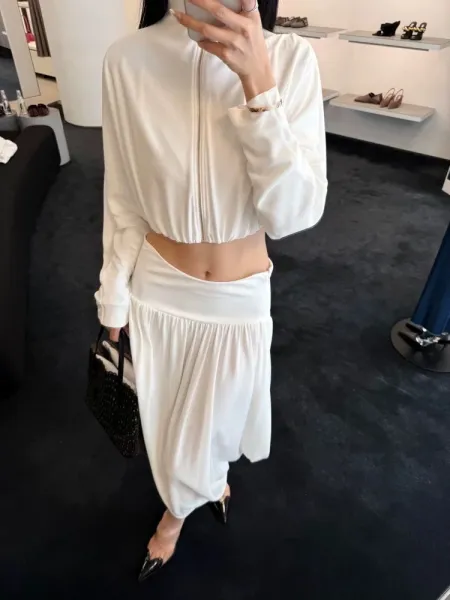 Off-White Cropped Zip-Up Top and Draped Skirt Set Black - 2