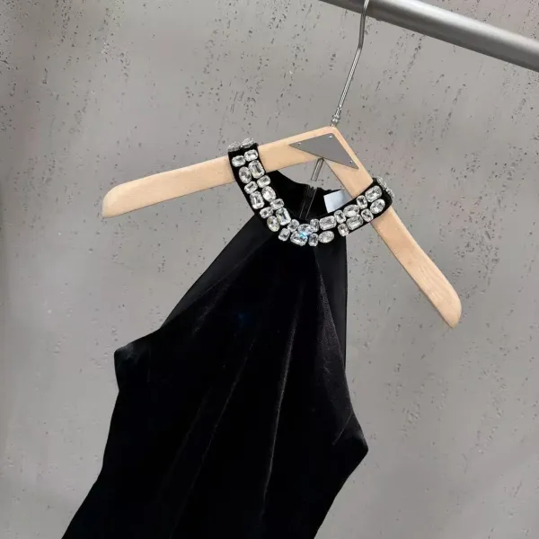 Black Velvet Halter Dress with Crystal Embellished Neckline - 4