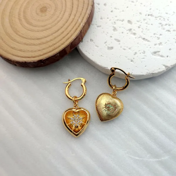 Gold Heart Charm Hoop Earrings with Crystal Cluster - 8