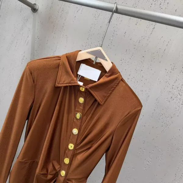 WOMANBY A VOYVES Button-Front Ruched Shirt Dress in Brown and Black - 4