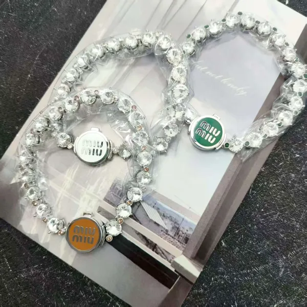 Miu Miu Crystal-Embellished Logo Charm Bracelet Brown Silver - 7