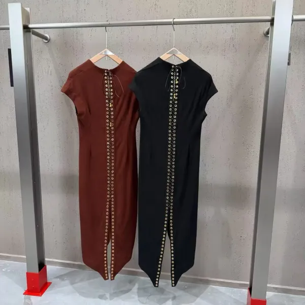 Valentino Garavani Rockstud Lace-Up Midi Dress Black and Burgundy - 19