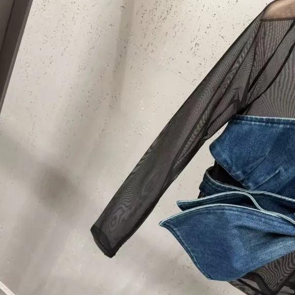 Off-White Denim Bow Mesh Top Blue/Black - 14