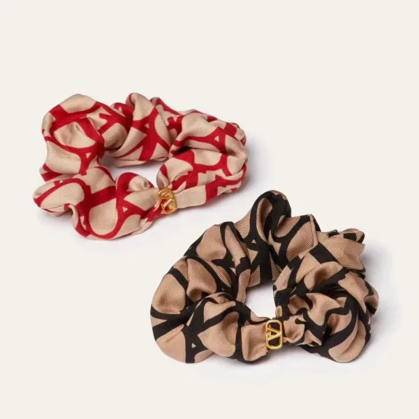 Valentino VLogo Print Silk Scrunchie in Red and Beige - 8