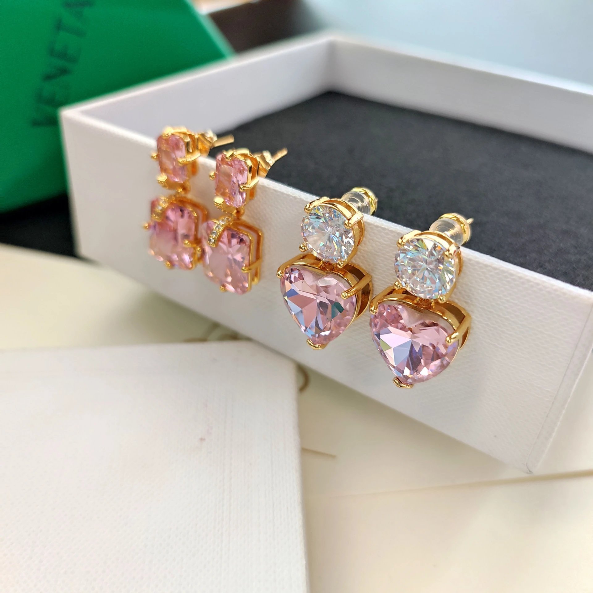 Pink Square-Cut Crystal Drop Earrings in Gold-Tone Setting - 5