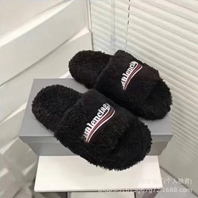 Unbranded Slippers Faux-fur open-toe slide with embroidered lettering product detail image 1