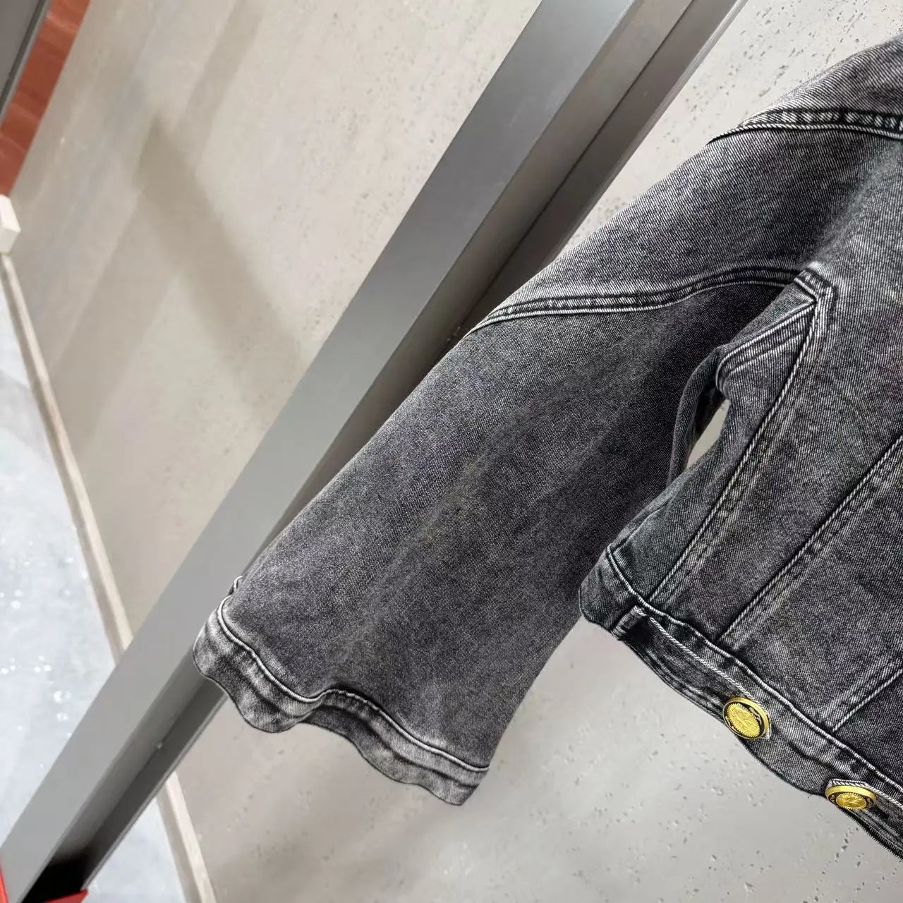 Versace Jeans Couture Cropped Denim Jacket with Gold Hardware in Acid Wash Gray - 28