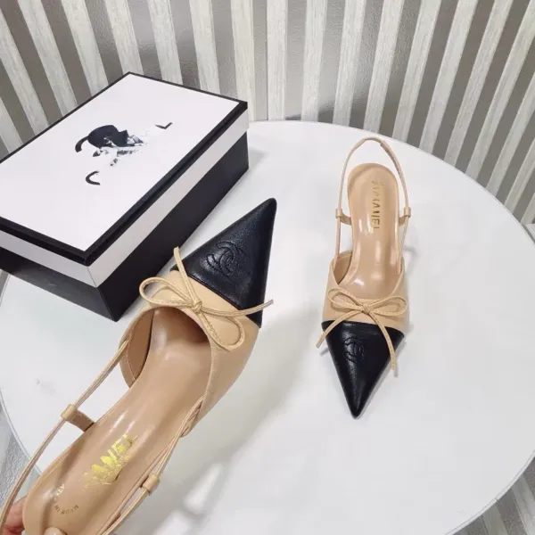 Chanel-inspired Two-Tone Slingback Heels with Bow Detail White/Black Heels - 2