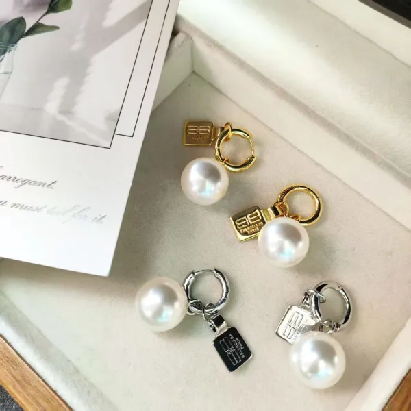 Balenciaga Pearl Hoop Earrings with Logo Tag Silver - 6