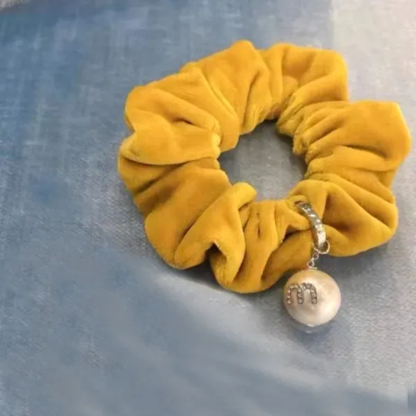 Velvet Pearl Charm Scrunchie Set in Black, Red, Yellow, and Blue - 9
