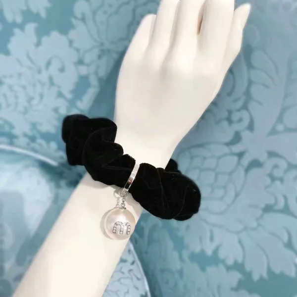 Velvet Pearl Charm Scrunchie Set in Black, Red, Yellow, and Blue - 8