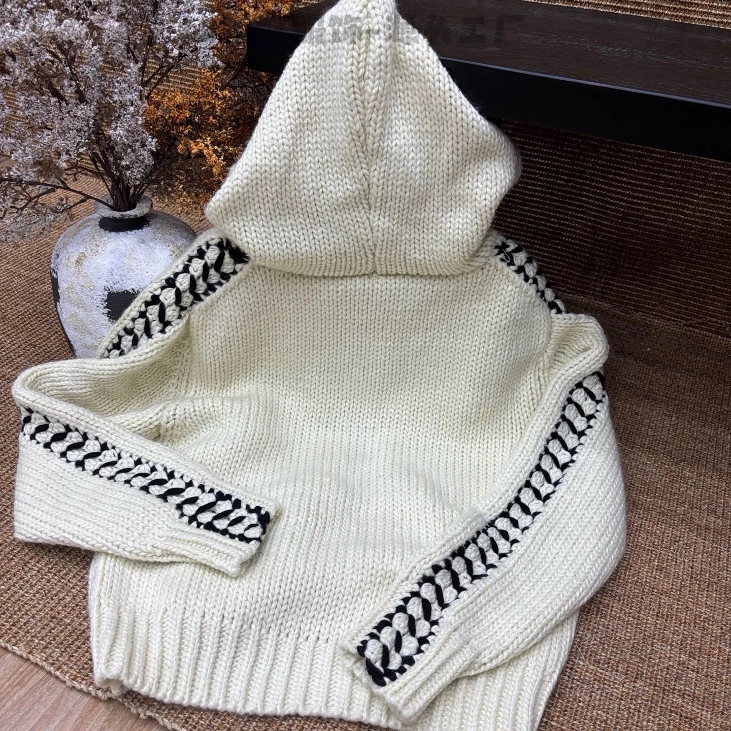 Hand-Knit Crochet-Trim Hooded Cardigan Beige Knit Cardigan - 11