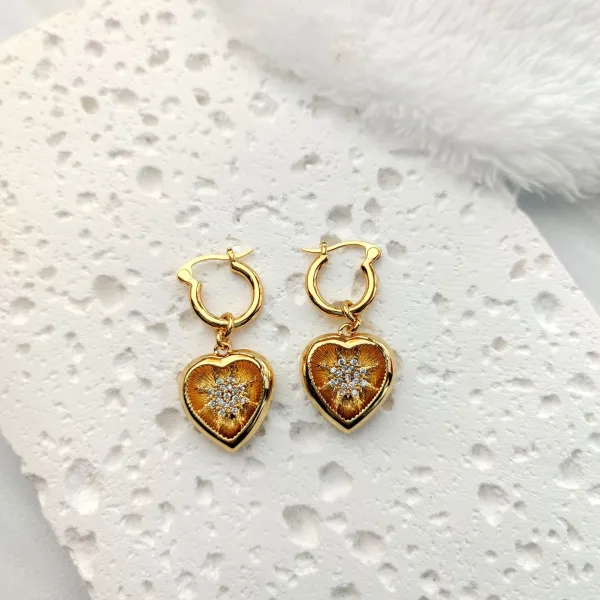 Gold Heart Charm Hoop Earrings with Crystal Cluster - 4