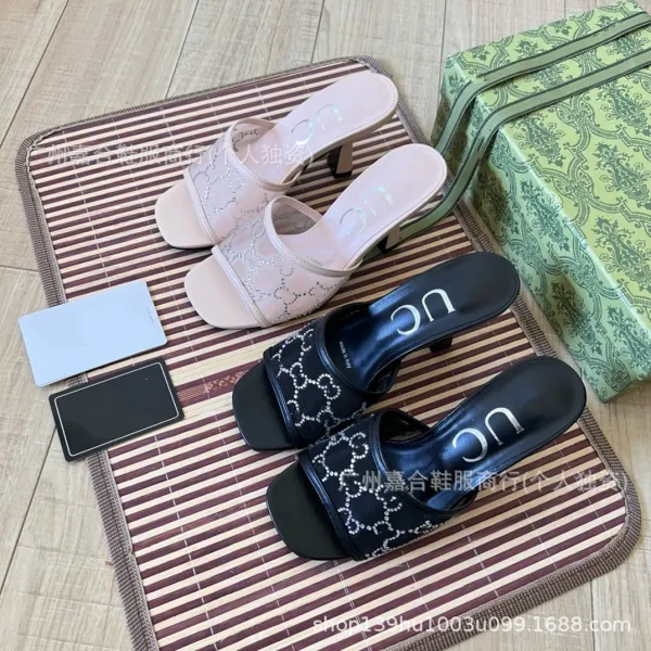 Gucci Marmont Slide Sandals Beige Mesh Heeled Slippers - 4