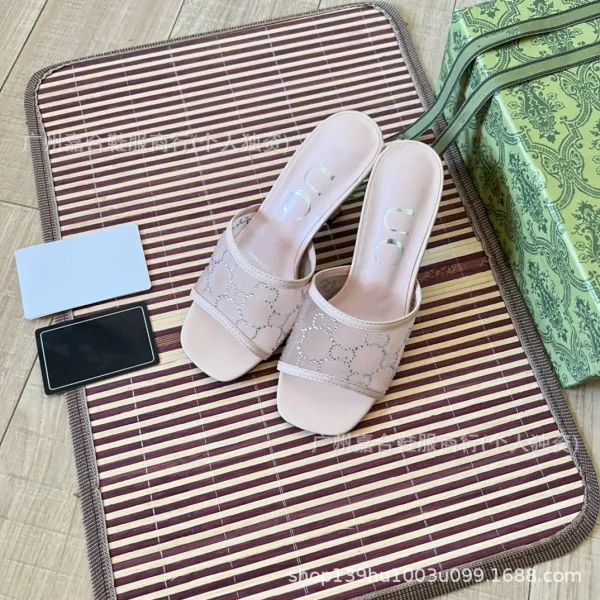 Gucci Marmont Slide Sandals Beige Mesh Heeled Slippers - 12