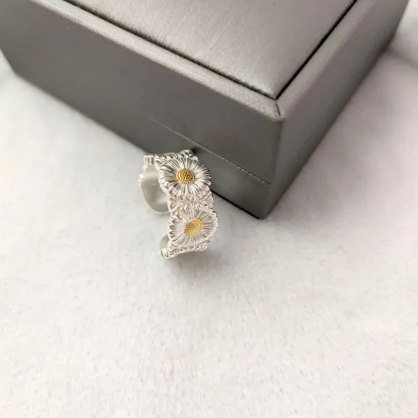 Silver Floral Open Ring with Gold Centers Jewelry - 7