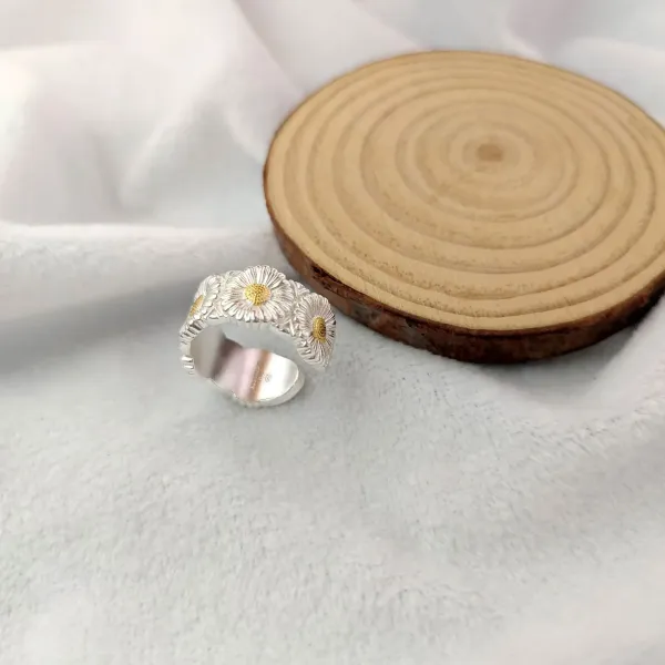 Silver Floral Open Ring with Gold Centers Jewelry - 5