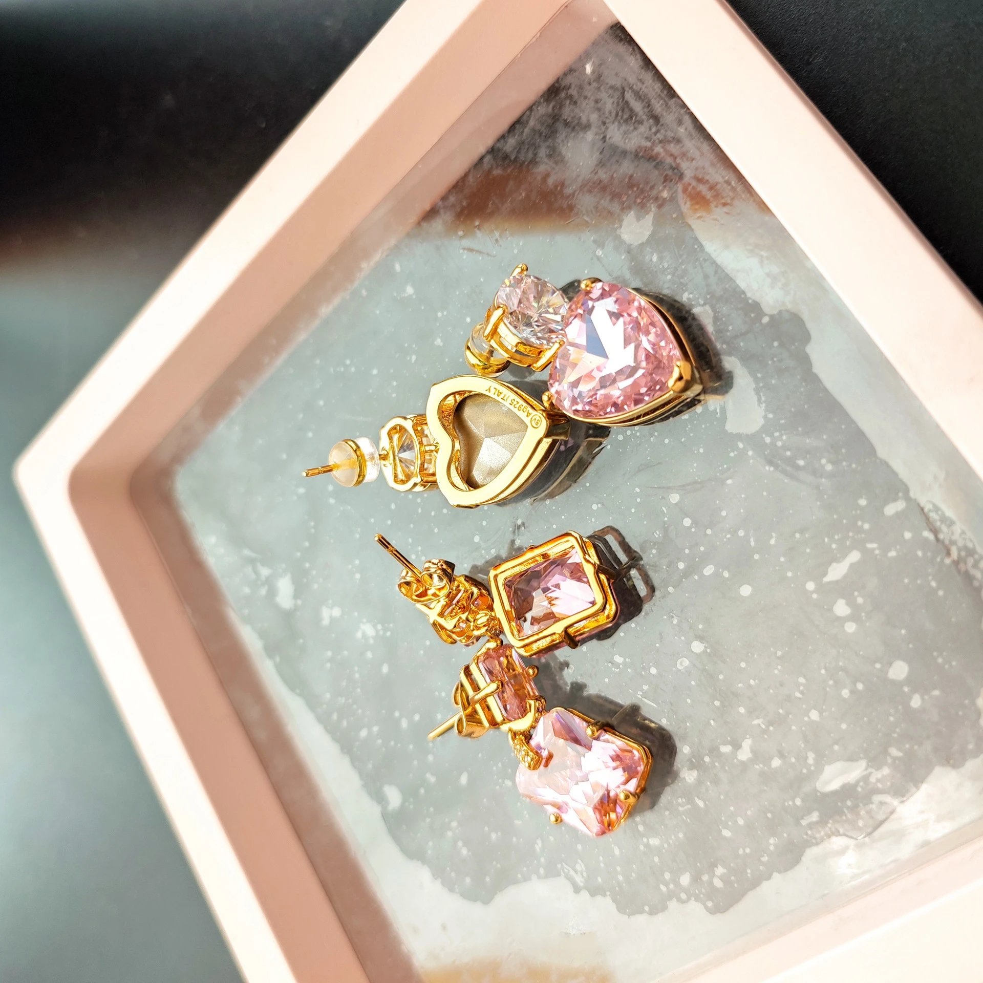 Pink Square-Cut Crystal Drop Earrings in Gold-Tone Setting - 8