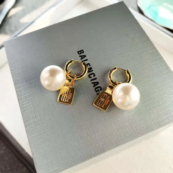 Balenciaga Pearl Hoop Earrings with Logo Tag Silver - 3