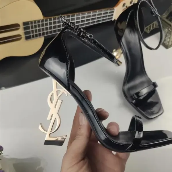 Saint Laurent YSL Monogram Heel Black Strappy Sandals - 10