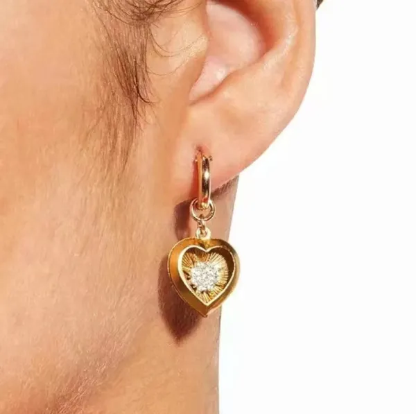 Gold Heart Charm Hoop Earrings with Crystal Cluster - 7