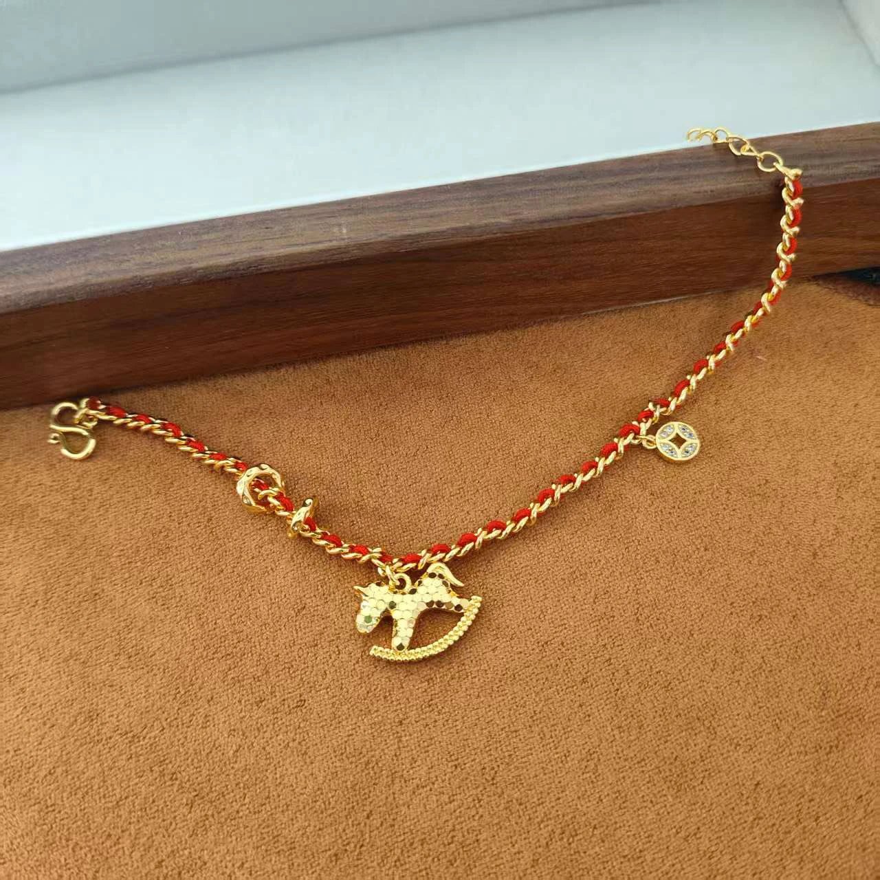 Gold Horse Charm Necklace with Red Braided Cord Necklace - 4