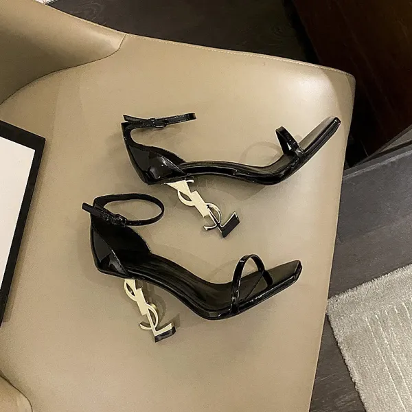 Saint Laurent Tribute Sandals Black Patent Leather Heels - 19