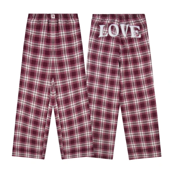 Design Plaid Lounge Pants with LOVE Print Burgundy Sleepwear - 3