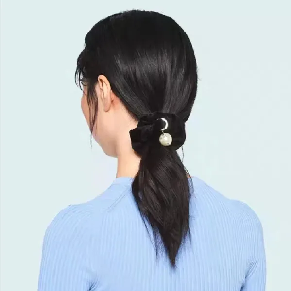 Velvet Pearl Charm Scrunchie Set in Black, Red, Yellow, and Blue - 3