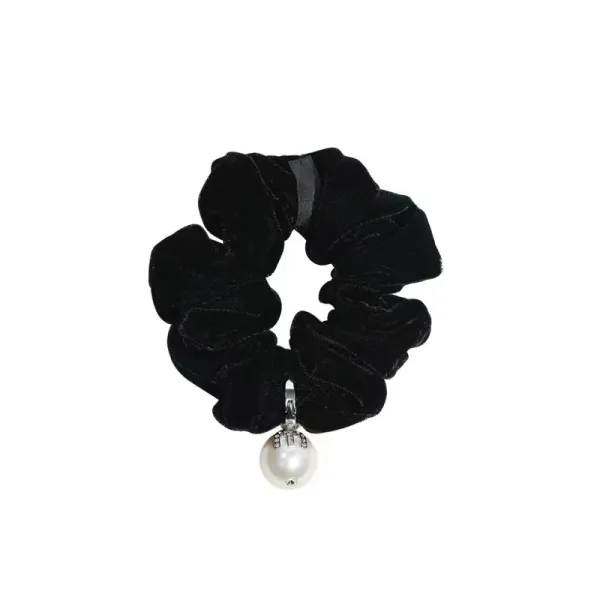 Velvet Pearl Charm Scrunchie Set in Black, Red, Yellow, and Blue - 11