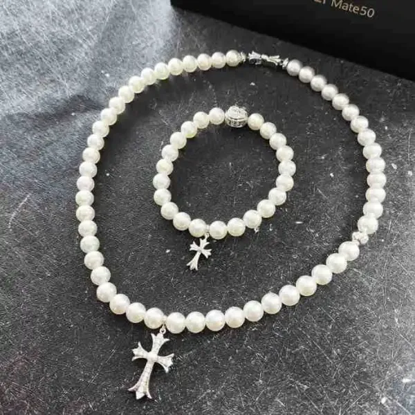 Pearl Bead Cross Pendant Necklace White - 3