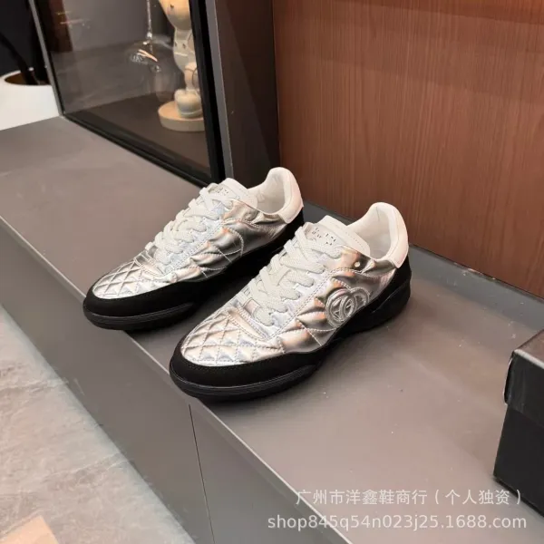 Chanel Tennis Classic Silver Quilted Sneakers - 6