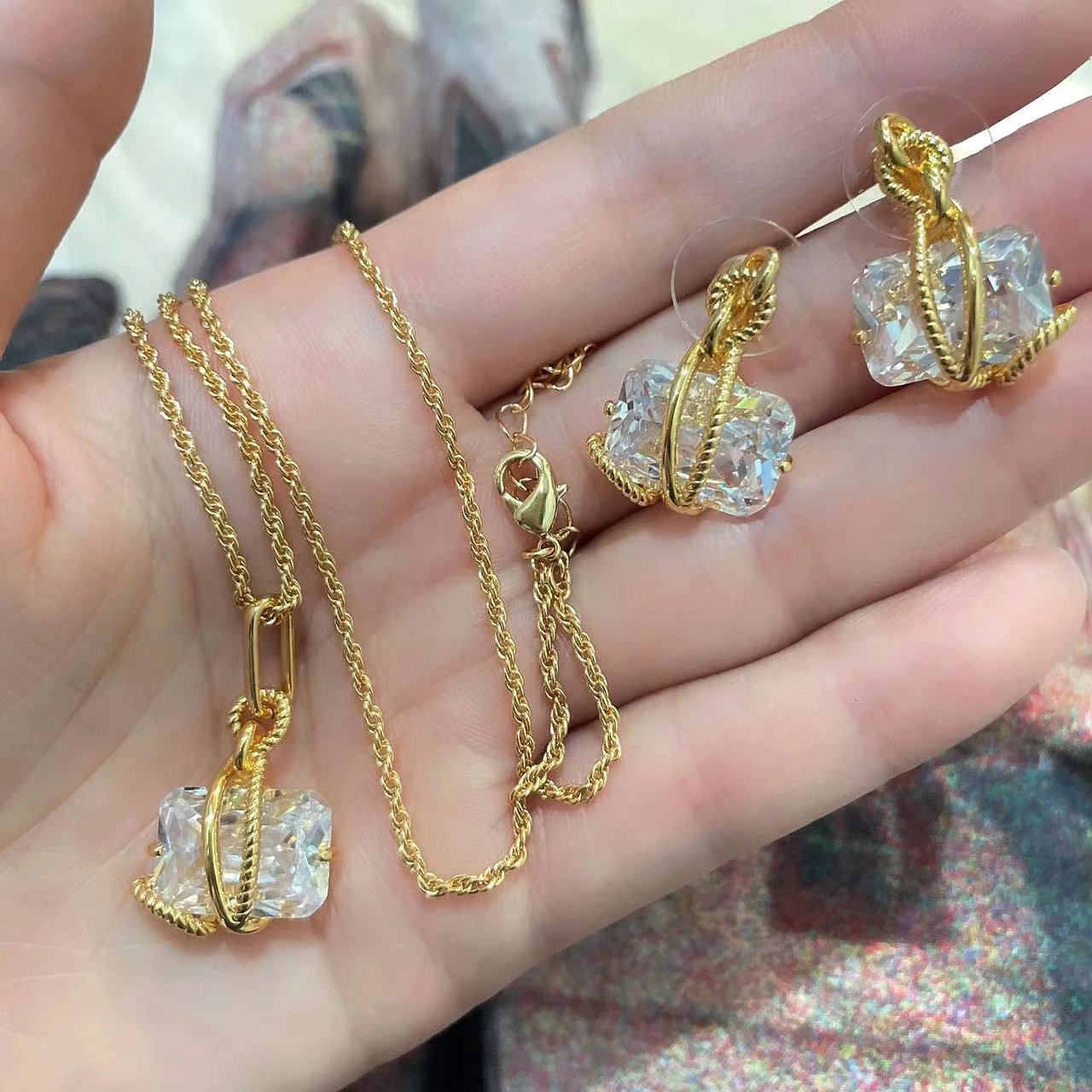 Gold-Tone Twisted Rope Pendant Necklace with Cushion-Cut Crystal - 5