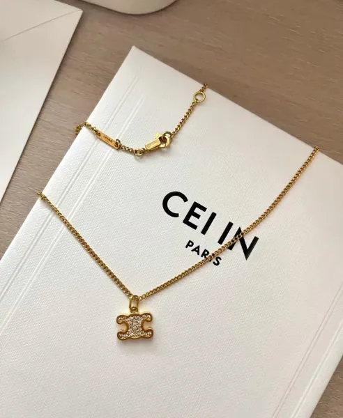 Celine Triomphe Puzzle Pendant Necklace Gold - 12