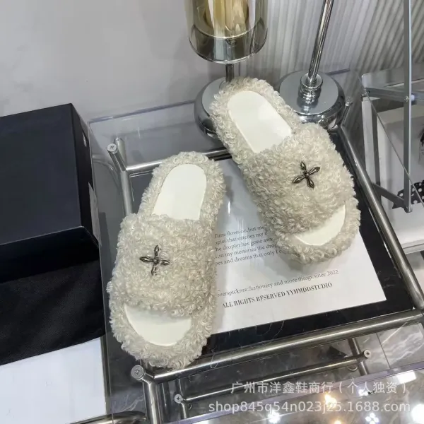 UGG Fluffy Shearling Slide Slippers Beige Slippers - 19