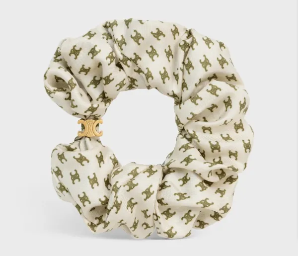 Celine Silk Scrunchie with Geometric Print Beige Accessories - 8