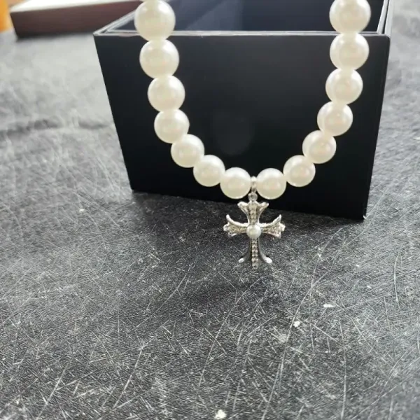 Pearl Bead Cross Pendant Necklace White - 8