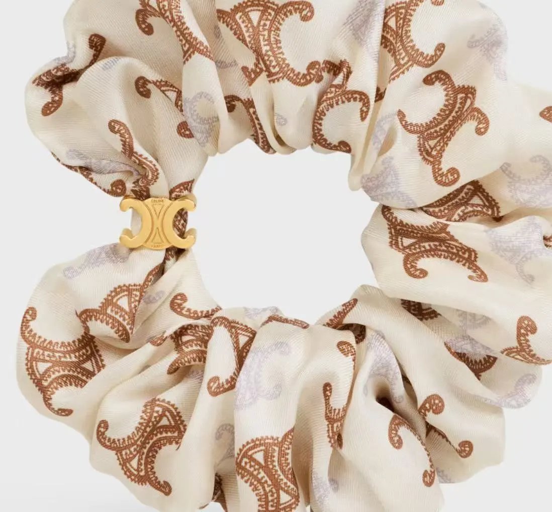 Celine Silk Scrunchie with Geometric Print Beige Accessories - 19